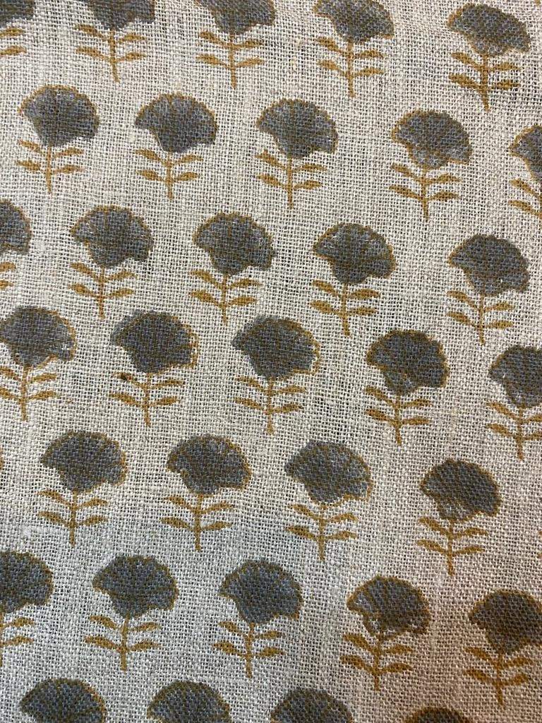 Natural Linen Fabric Indian Linen Fabric, Mustrad and grey colour, Block Printing Fabric, Designer Floral Printing on Fabric, Upholstery - Maple Village Lane