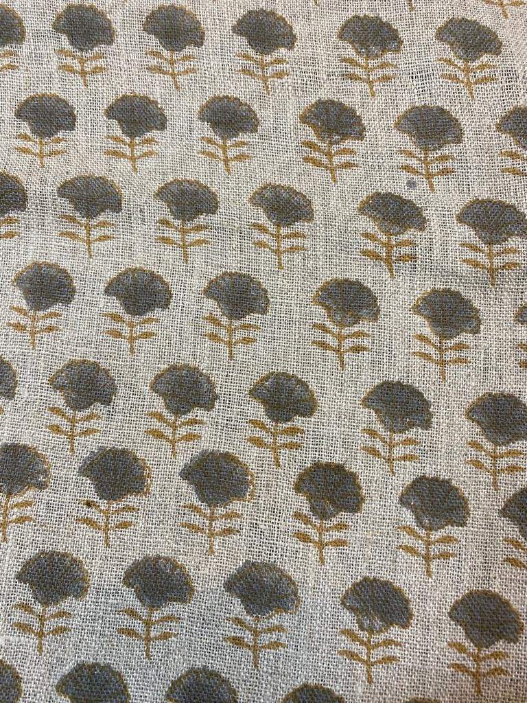 Natural Linen Fabric Indian Linen Fabric, Mustrad and grey colour, Block Printing Fabric, Designer Floral Printing on Fabric, Upholstery - Maple Village Lane