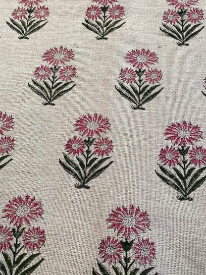 Gerbera Flower Handloom Linen Fabric Linen Fabric Flower Black Color Upholstery Fabric, Pillow Cover ,Thick Linen Fabric Natural Color , - Maple Village Lane