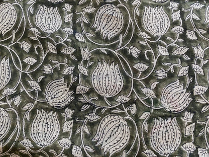 Lotus Floral Block Print Thick Linen Fabric For Upholstery, Curtains and more - Maple Village Lane