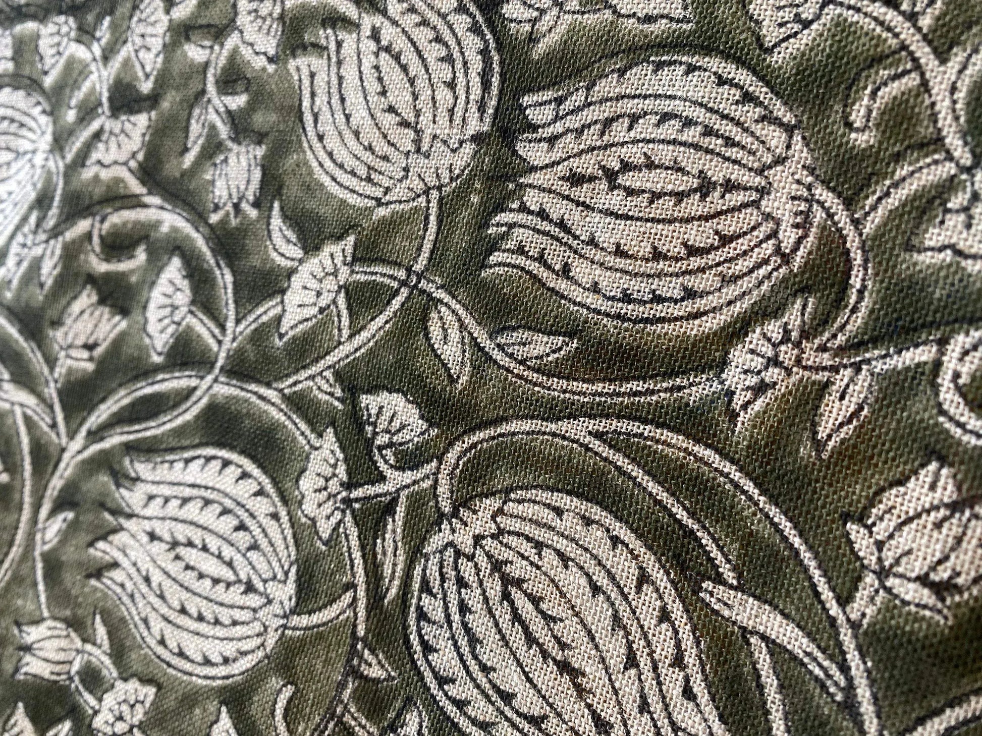 Lotus Floral Block Print Thick Linen Fabric For Upholstery, Curtains and more - Maple Village Lane