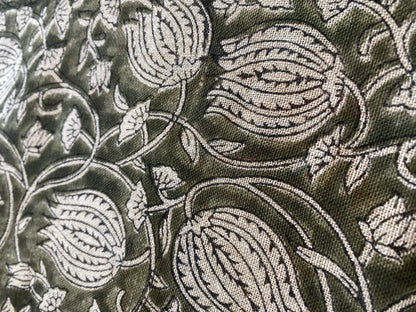 Lotus Floral Block Print Thick Linen Fabric For Upholstery, Curtains and more - Maple Village Lane