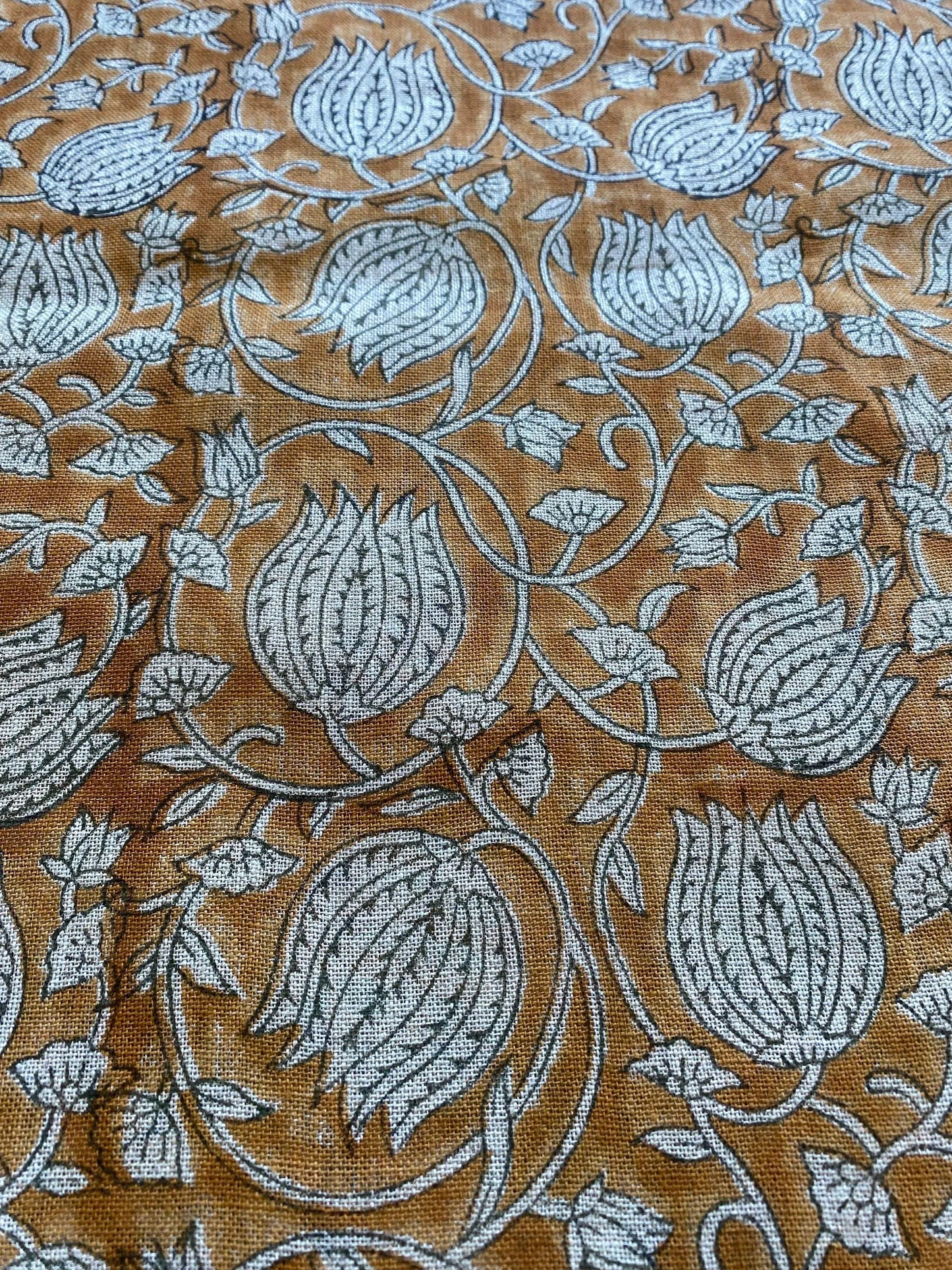 Lotus Floral Block Print Thick Linen Fabric For Upholstery, Curtains and more