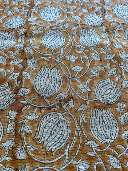 Lotus Floral Block Print Thick Linen Fabric For Upholstery, Curtains and more - Maple Village Lane