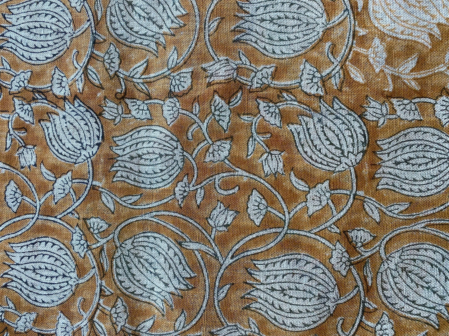 Lotus Floral Block Print Thick Linen Fabric For Upholstery, Curtains and more