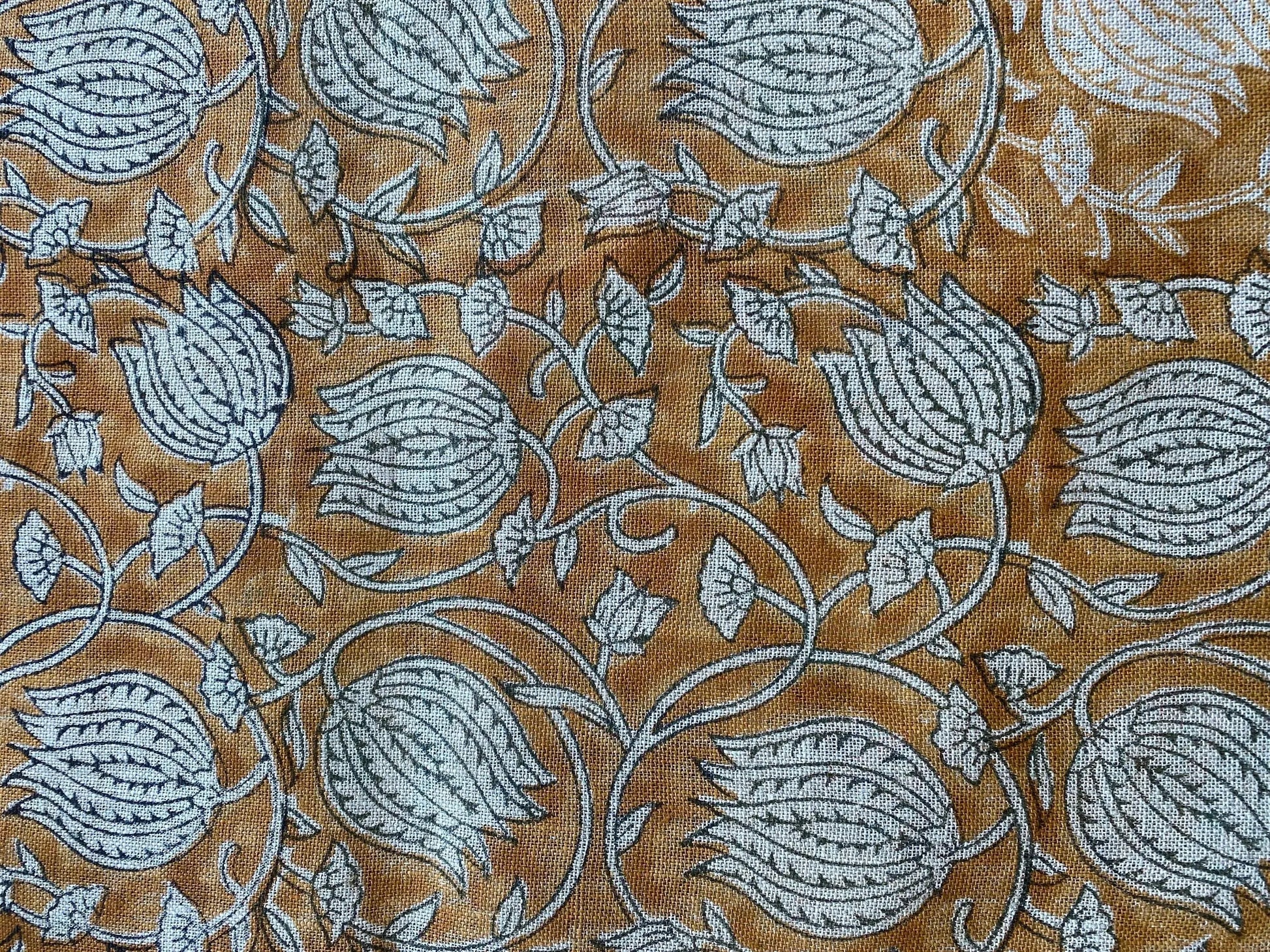 Lotus Floral Block Print Thick Linen Fabric For Upholstery, Curtains and more - Maple Village Lane