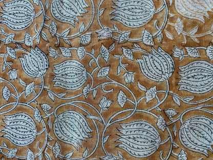 Lotus Floral Block Print Thick Linen Fabric For Upholstery, Curtains and more - Maple Village Lane