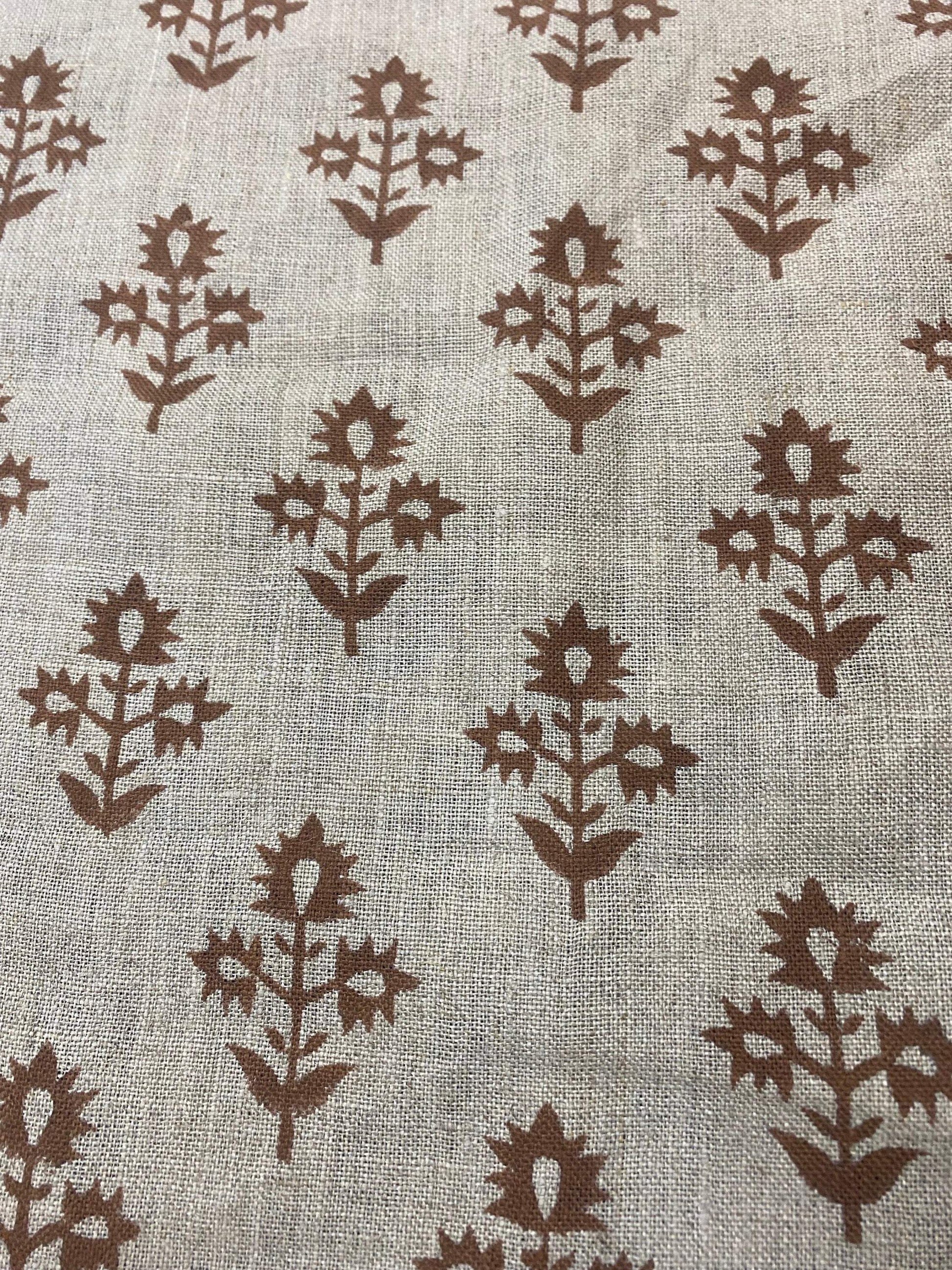 Block Print Fabric, Floral Print Linen, By the yards, Pillow Cover Fabric, For Table Cloth, Hand Woven Thick Linen Fabric For Upholstery - Maple Village Lane