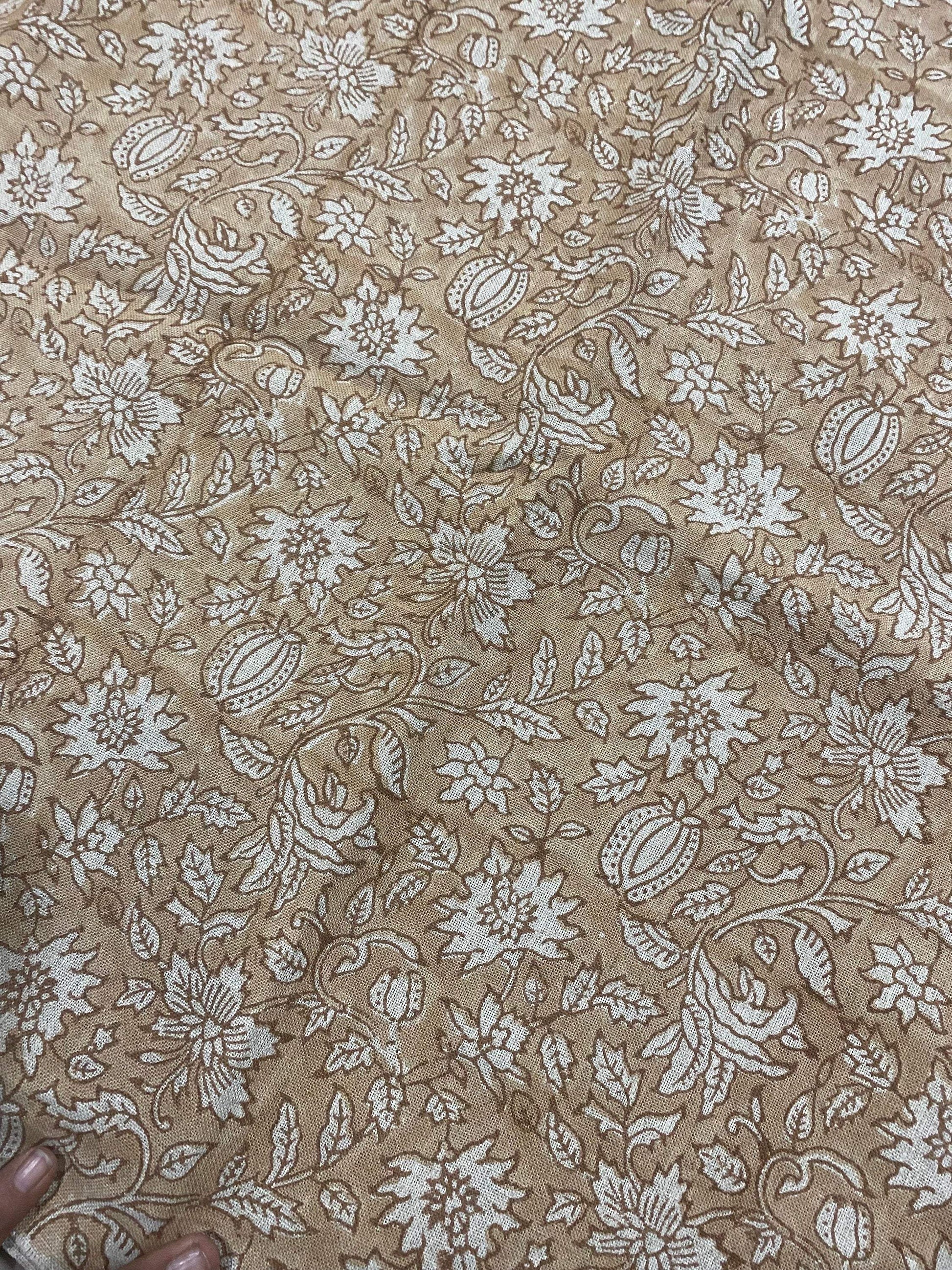 Block Print Handloom Linen Fabric Heavy Linen Fabric Browne Flower, Upholstery Fabric, Drapes Use , home decor linen fabric, - Maple Village Lane