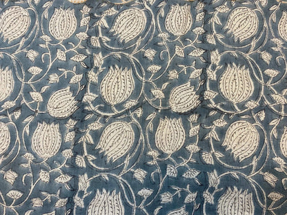 Lotus Floral Block Print Thick Linen Fabric For Upholstery, Curtains and more - Maple Village Lane