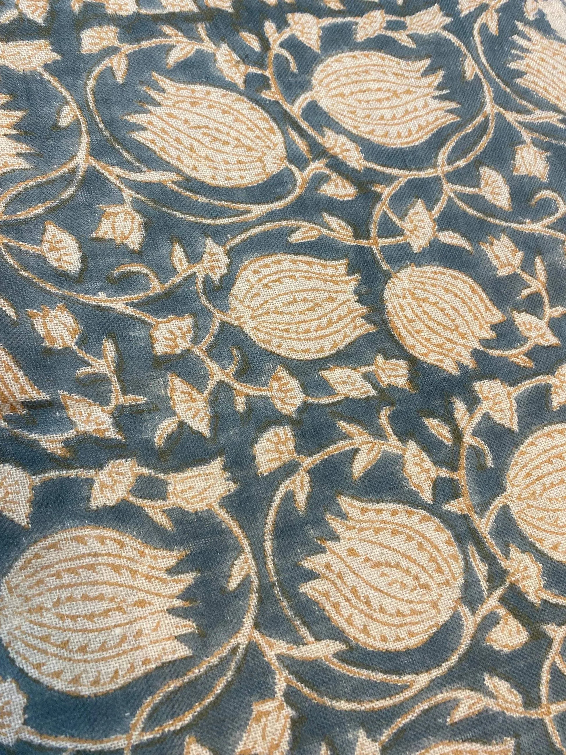Lotus Floral Block Print Thick Linen Fabric For Upholstery, Curtains and more - Maple Village Lane
