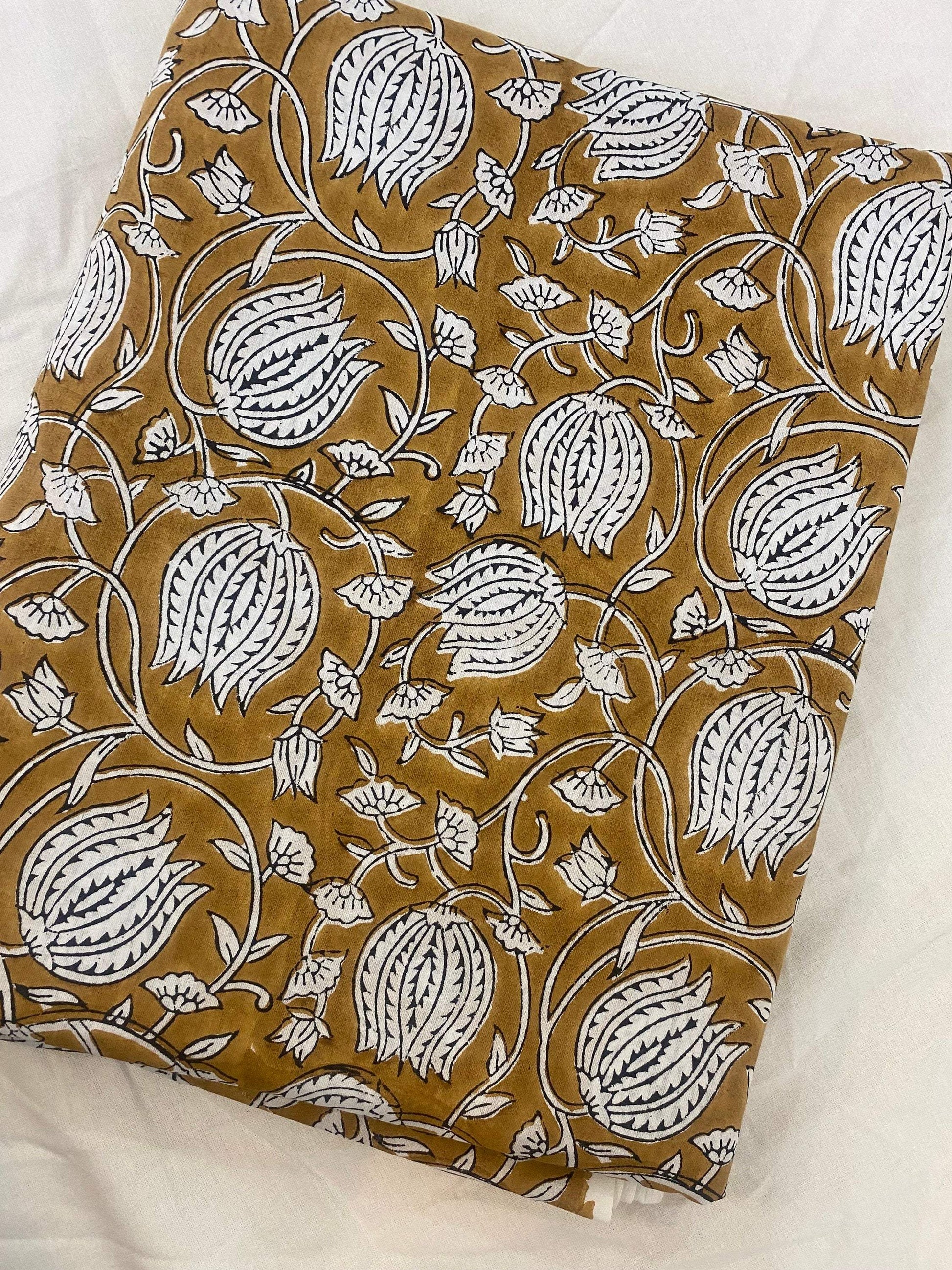 Floral Print Block Print Fabric 100% Cotton Indian Fabric, Hand Printed Natural Vegetable Dye Soft Cotton Woman Dress Fabric By Yard - Maple Village Lane