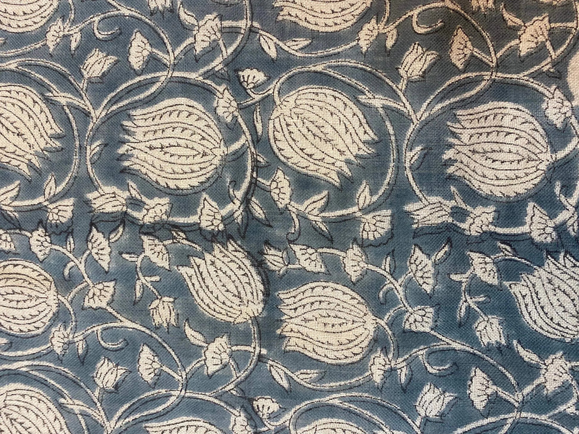 Lotus Floral Block Print Thick Linen Fabric For Upholstery, Curtains and more - Maple Village Lane