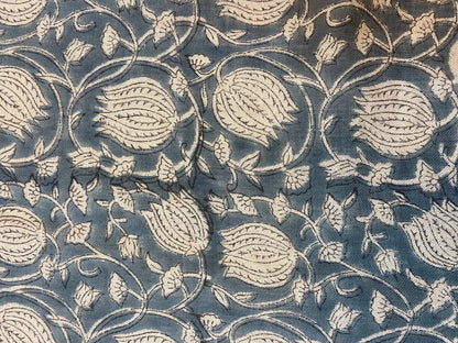 Lotus Floral Block Print Thick Linen Fabric For Upholstery, Curtains and more - Maple Village Lane