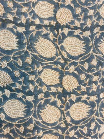 Lotus Floral Block Print Thick Linen Fabric For Upholstery, Curtains and more - Maple Village Lane