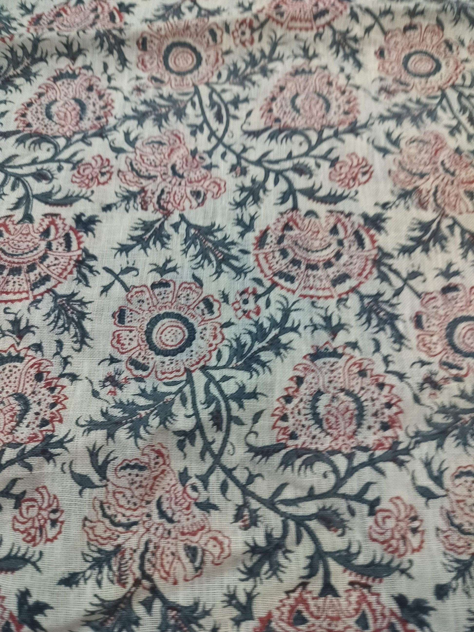 Hand Block Print Fabric, Indian Linen Fabric, Block Print Fabric, Designer Floral Printing Fabric, Upholstery fabric, Home decor Fabric - Maple Village Lane