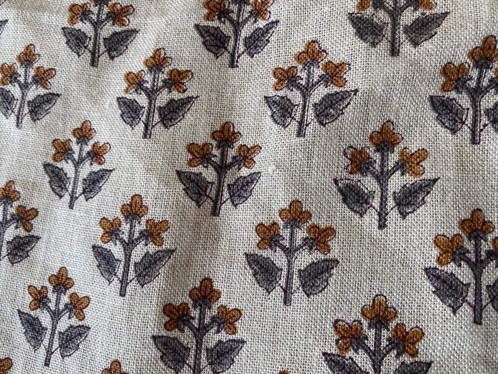 Small Flower Block Print Handloom Linen Fabric ,upholstery Fabric, pillow Cover Fabric, Thick fabric natural linen - Maple Village Lane