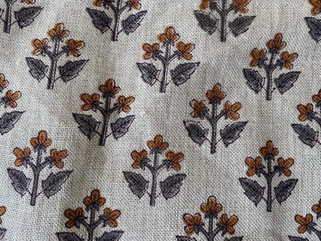 Small Flower Block Print Handloom Linen Fabric ,upholstery Fabric, pillow Cover Fabric, Thick fabric natural linen - Maple Village Lane