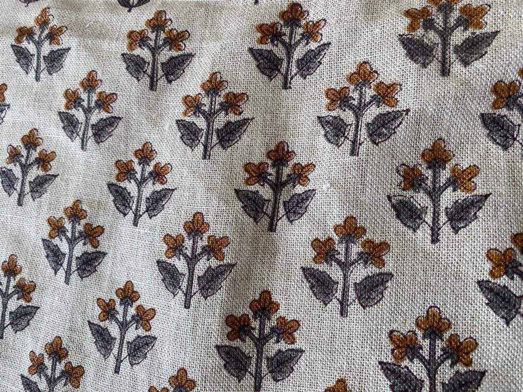 Small Flower Block Print Handloom Linen Fabric ,upholstery Fabric, pillow Cover Fabric, Thick fabric natural linen - Maple Village Lane